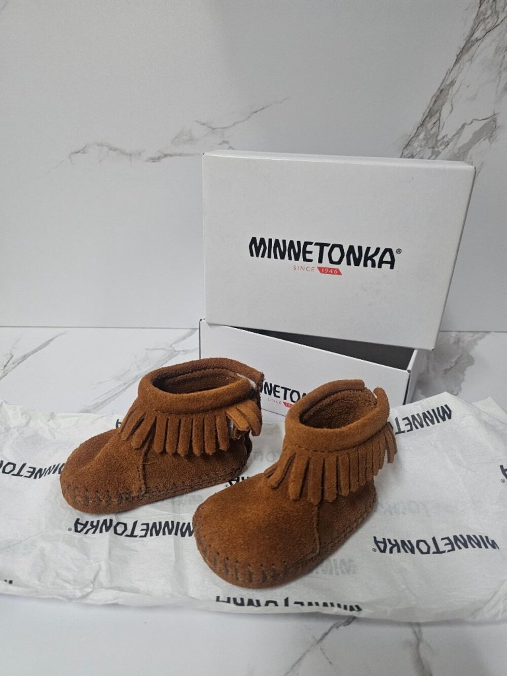 Minnetonka Infant Back Strap Bootie Brown Size 0 Baby Moccasin Shoes 1182